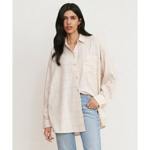 $255 Jenni Kayne Dakota Oversized Cream Plaid Flannel Button Down Shirt Size L